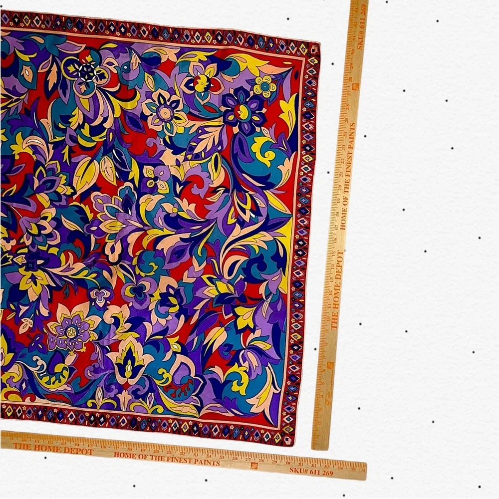 Vintage Vibrant Multicolor Floral Silk Square Scarf